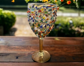 1 Strong Hand blown Mexican Glass Pebbled Confetti Multicolor Wine Glass, Goblet