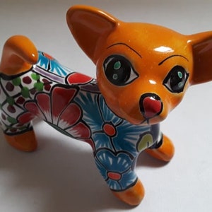 Small Talavera Chihuahua Dog Statue, Hand made Mexican Pottery Figurine 4.5" x 6"