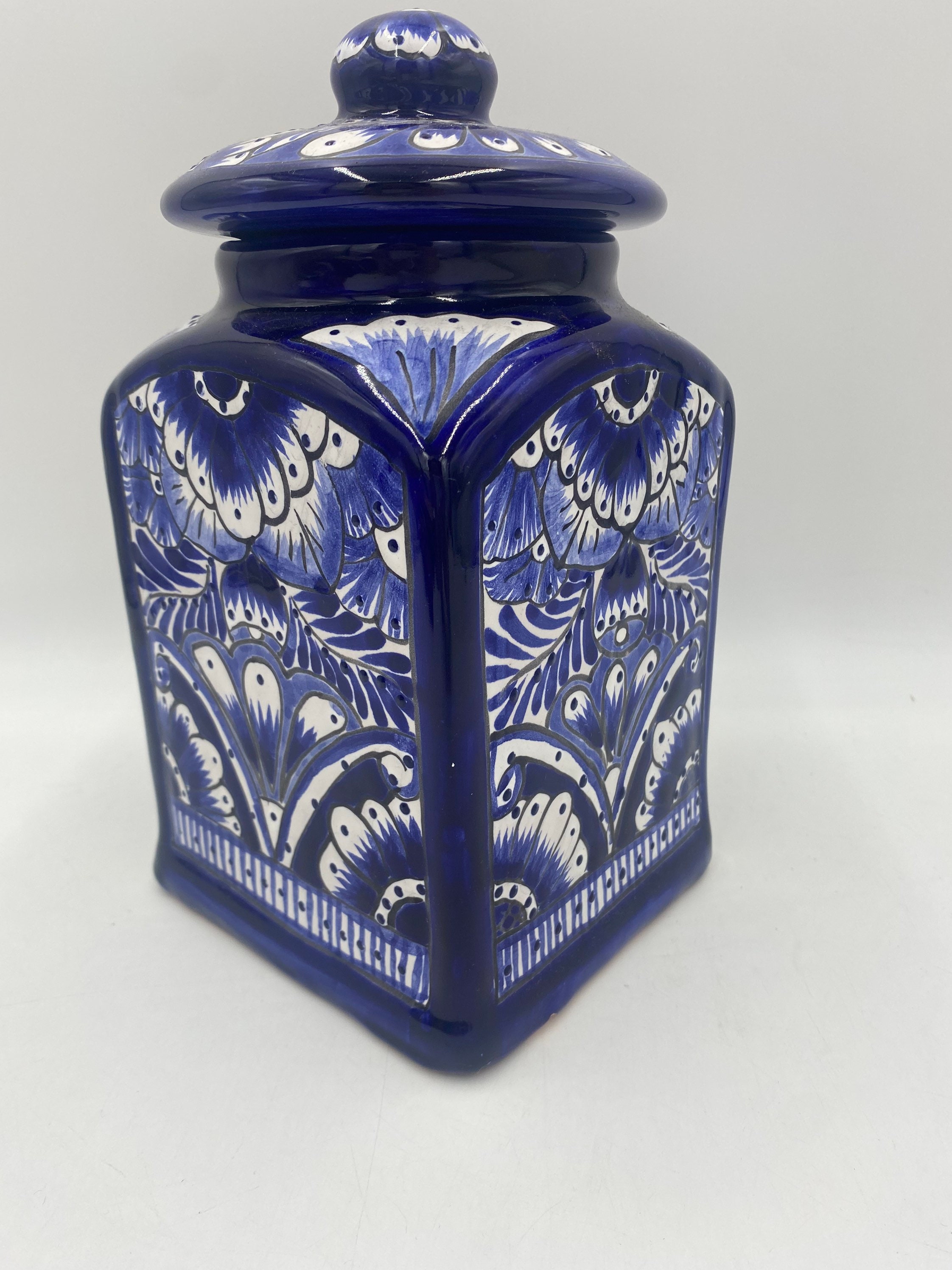 Blue White Talavera Porcelain Utensil Holder Canister Jar w Wooden Utensils  New