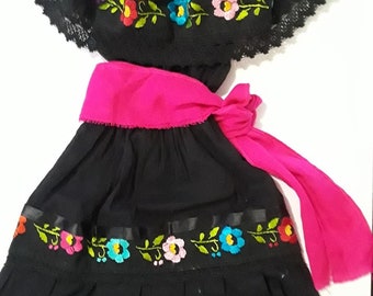 Black Mexican Girl's Dress, Bright Embroidered Flowers, Perfect Holiday Dress, Birthday Party Dress Hand Made in Mexico. Adult Sizes Too!