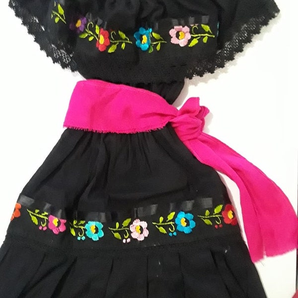 Black Mexican Girl's Dress, Bright Embroidered Flowers, Perfect Holiday Dress, Birthday Party Dress Hand Made in Mexico. Adult Sizes Too!