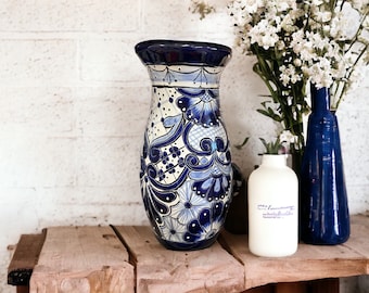 Handmade Blue and White Talavera Vase | Mexican Ceramic Pottery for Stunning Home Decor