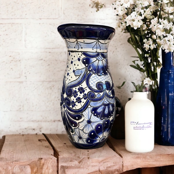 Handmade Blue and White Talavera Vase | Mexican Ceramic Pottery for Stunning Home Decor