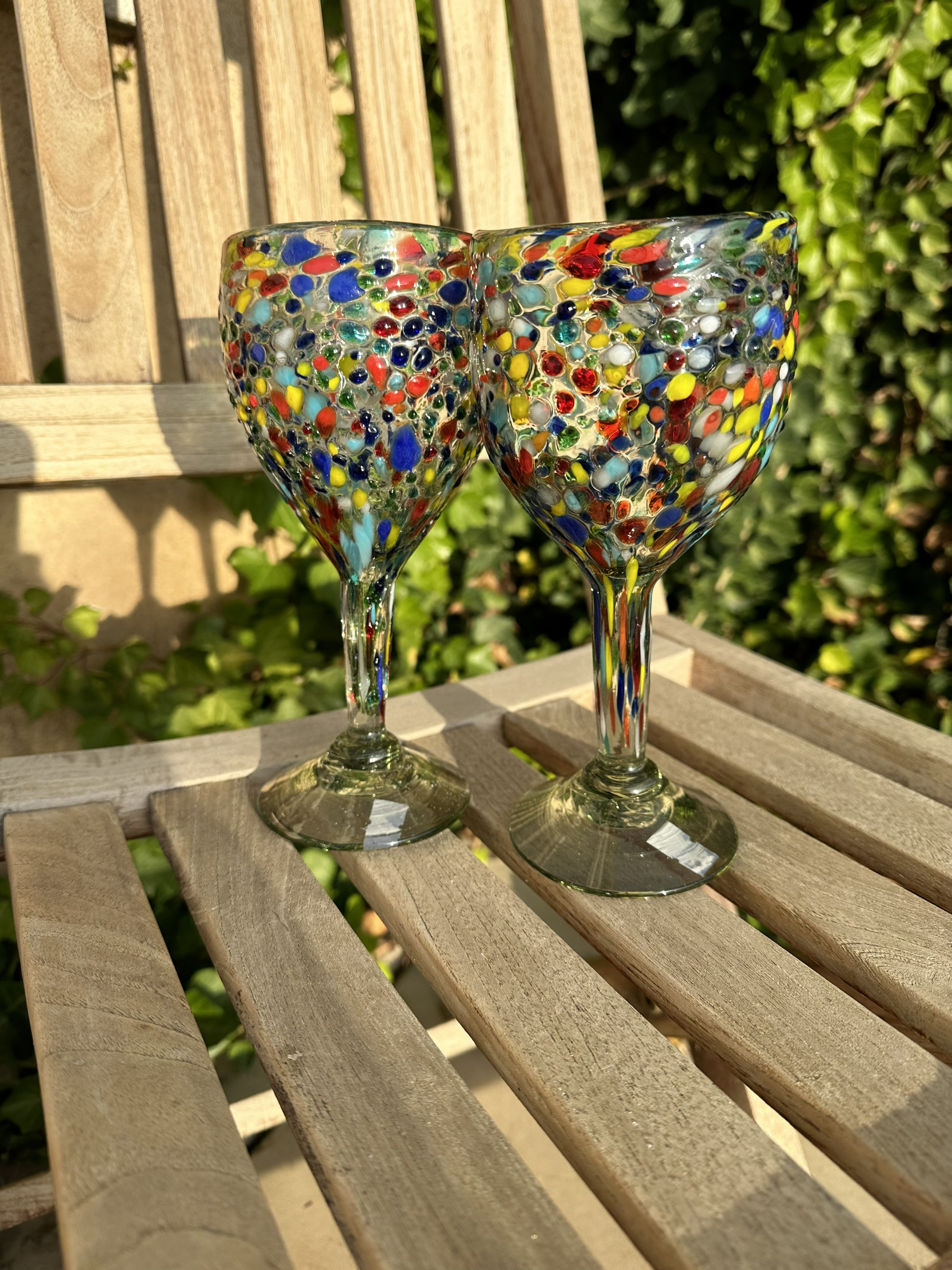 Beautiful Vintage Handblown Thick Smokey Glass Pair of Margarita/cocktail  Glasses Rainbow Confetti Rock Designs, Short Stem Drinking Glasses 