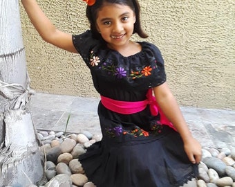 Mexican Girls Fiesta Dress with Coordinating Belt and Hand embroidered Flowers Beautiful Birthday Dress