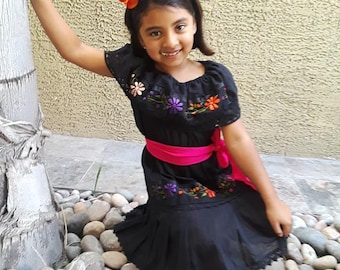 Mexican Girls Fiesta Dress with Coordinating Belt and Hand embroidered Flowers Beautiful Birthday Dress