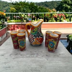 Talavera Ceramic Pitcher 6 Glasses Mexican Pottery Set with Tumblers Folk Art Water Jug