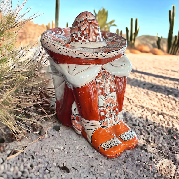 Orange and White Sedona Extra Large Talavera Ponchito Statue | Sleeping Man | Mexican Pottery Statue 16”H x 15”L x 11 W