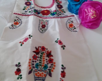 White Mexican Puebla Easter Toddler Dress Hand Embroidered Flowers made in Mexico Perfect For Mexican Theme, Birthday Dress, Fiesta Dress