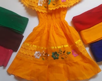 2 Piece Yellow Mexican Girls Fiesta Dress with Coordinating Sash, Hand embroidered Flowers Beautiful Birthday Dress