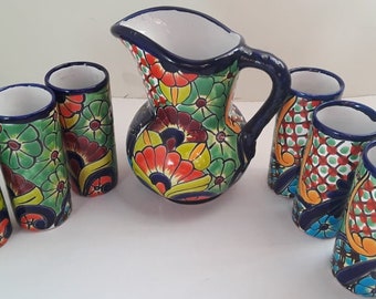 Talavera Ceramic Pitcher 6 Glasses Mexican Pottery Set with Tumblers Folk Art Water Jug