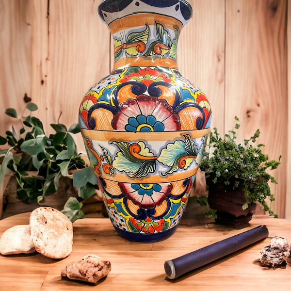 Très grand vase Talavera multicolore fait main de 18 po. | Poterie en céramique mexicaine pour une superbe décoration intérieure