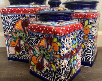 XL 3 Piece Handcrafted Folk Art Talavera Canisters - Mexican Ceramic, Floral, Colorful Storage Set