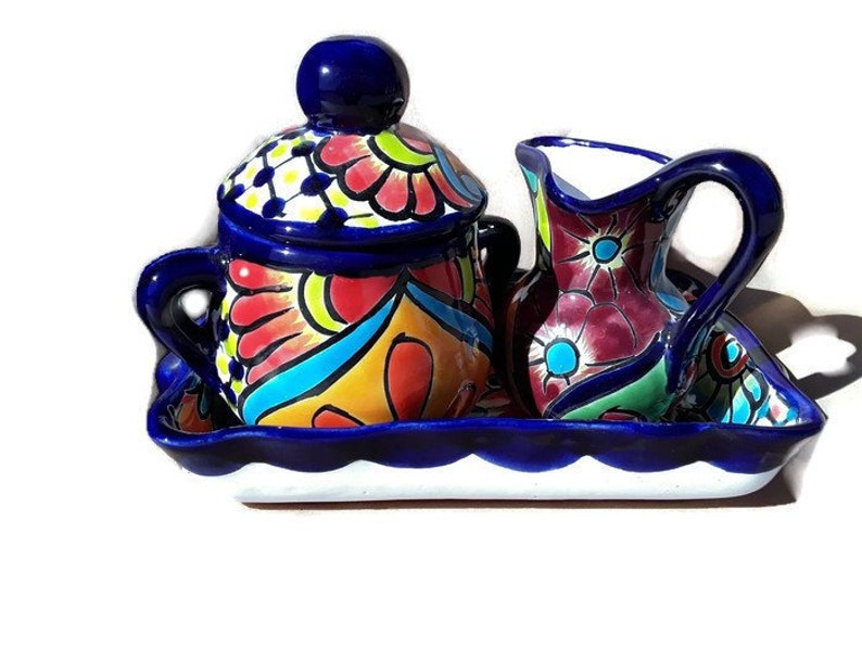 Talavera Mexican Pottery Sugar Jar and Creamer Set Folk Art Etsy