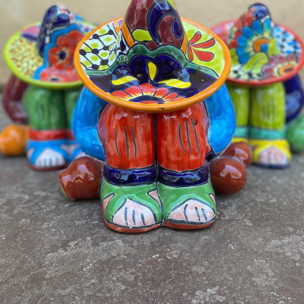 Multicolored Talavera Canister - Handmade Mexican Pottery Sleeping Ponchito Man - Unique Siesta Man Decor