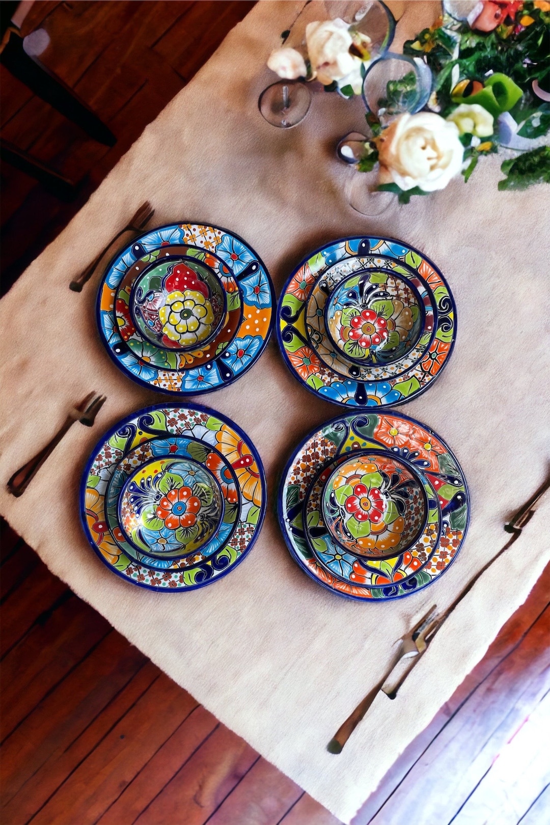 Vibrant Talavera Dinnerware Set 16-piece Mexican Pottery, Floral ...