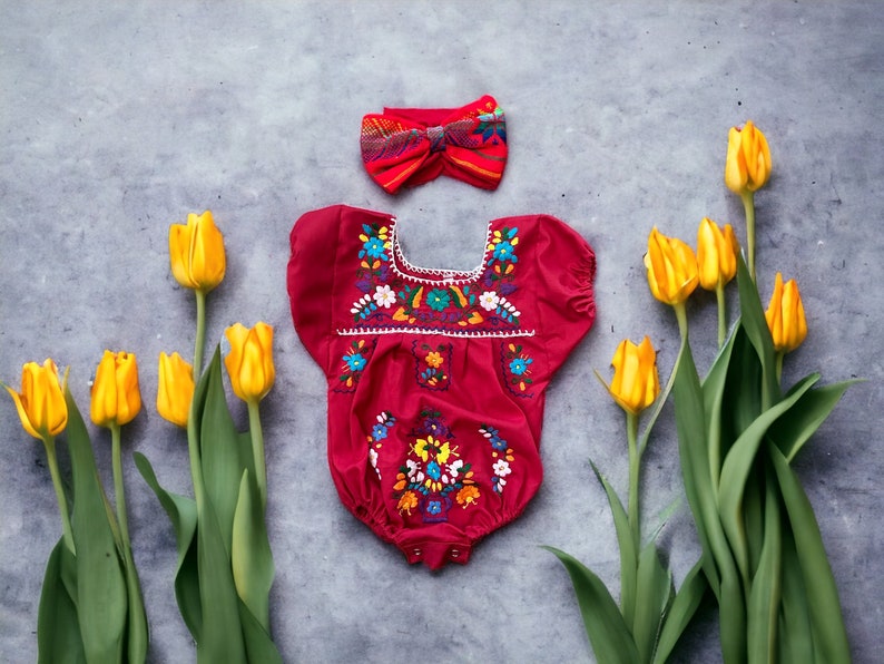 2 Piece Mexican Puebla Baby Romper with Head bow, Hand Embroidered Flowers made in Mexico image 8