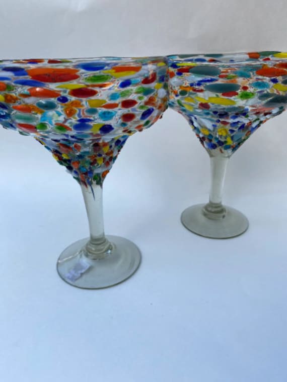 Set of 2 Hand Blown Mexican Margarita Glasses Vibrant Confetti Design 