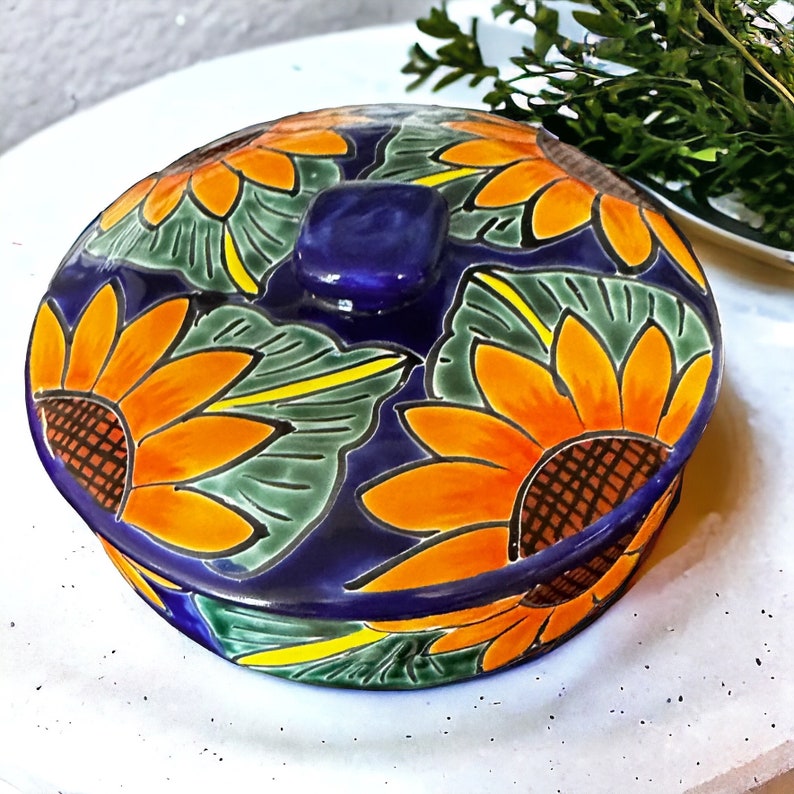 Sunflower Talavera Tortilla Holder Beautiful Hand Painted Flour Tortilla Canister Folk Art From Mexico