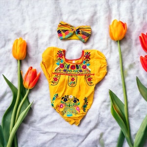 2 Piece Mexican Puebla Baby Romper with Head bow, Hand Embroidered Flowers made in Mexico image 6