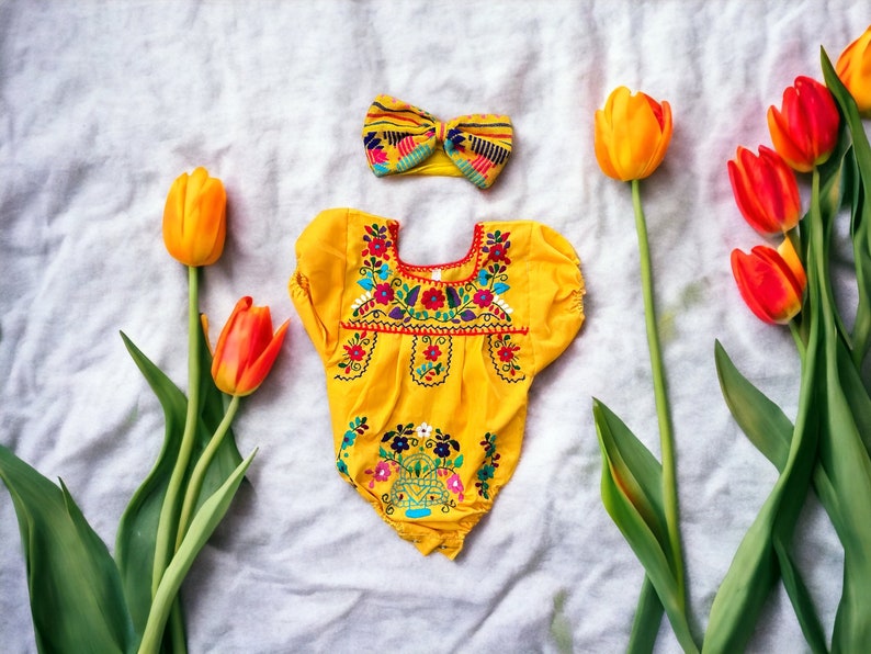 2 Piece Mexican Puebla Baby Romper with Head bow, Hand Embroidered Flowers made in Mexico image 6