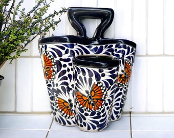 Mexicaans Talavera Blauw met Vlinder Keramiek Aardewerk Gebruiksvoorwerp Houder, Gemaakt in Mexico, 11"