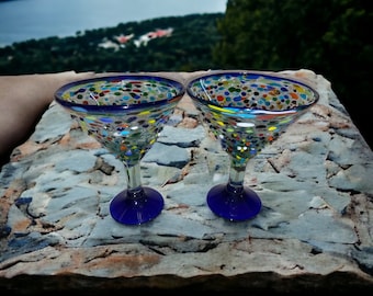 Set of 2 Hand blown Mexican Martini Glasses Pebbled Mexican Glass