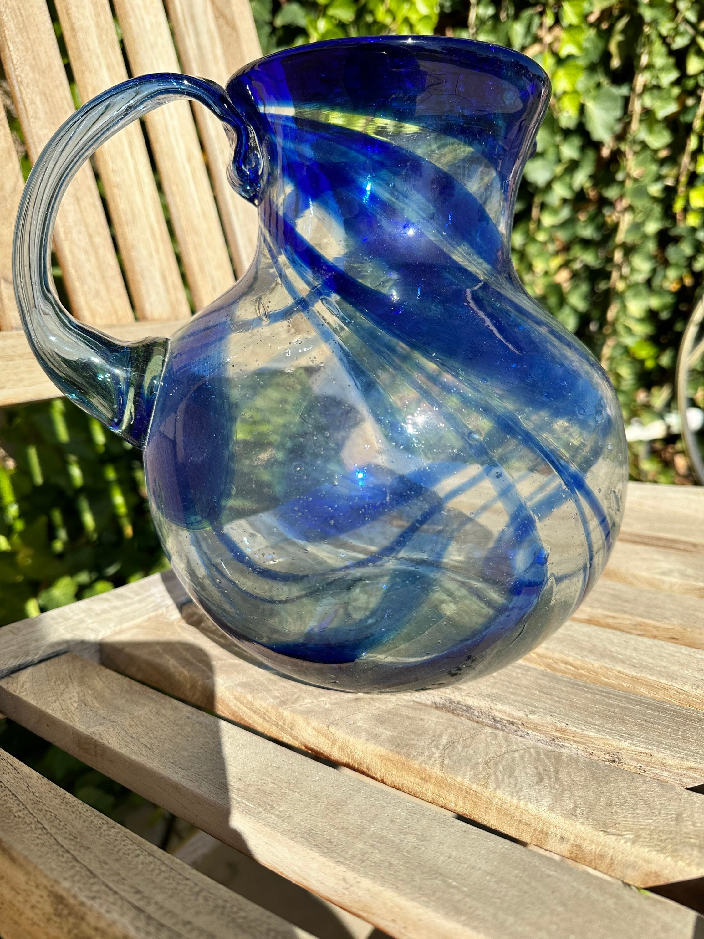 Large Glass Pitcher Mexico Hand Blown Blue and Clear Glass Handmade Bubble  Glass 