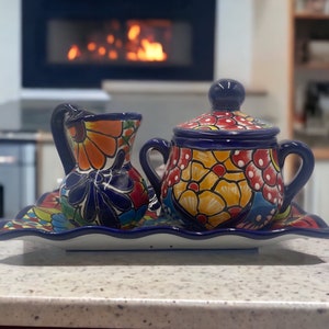 Ceramic Talavera Cream & Sugar Set, With or Without Tray Option, Handmade Canisters from Mexico Vibrant Folk Art