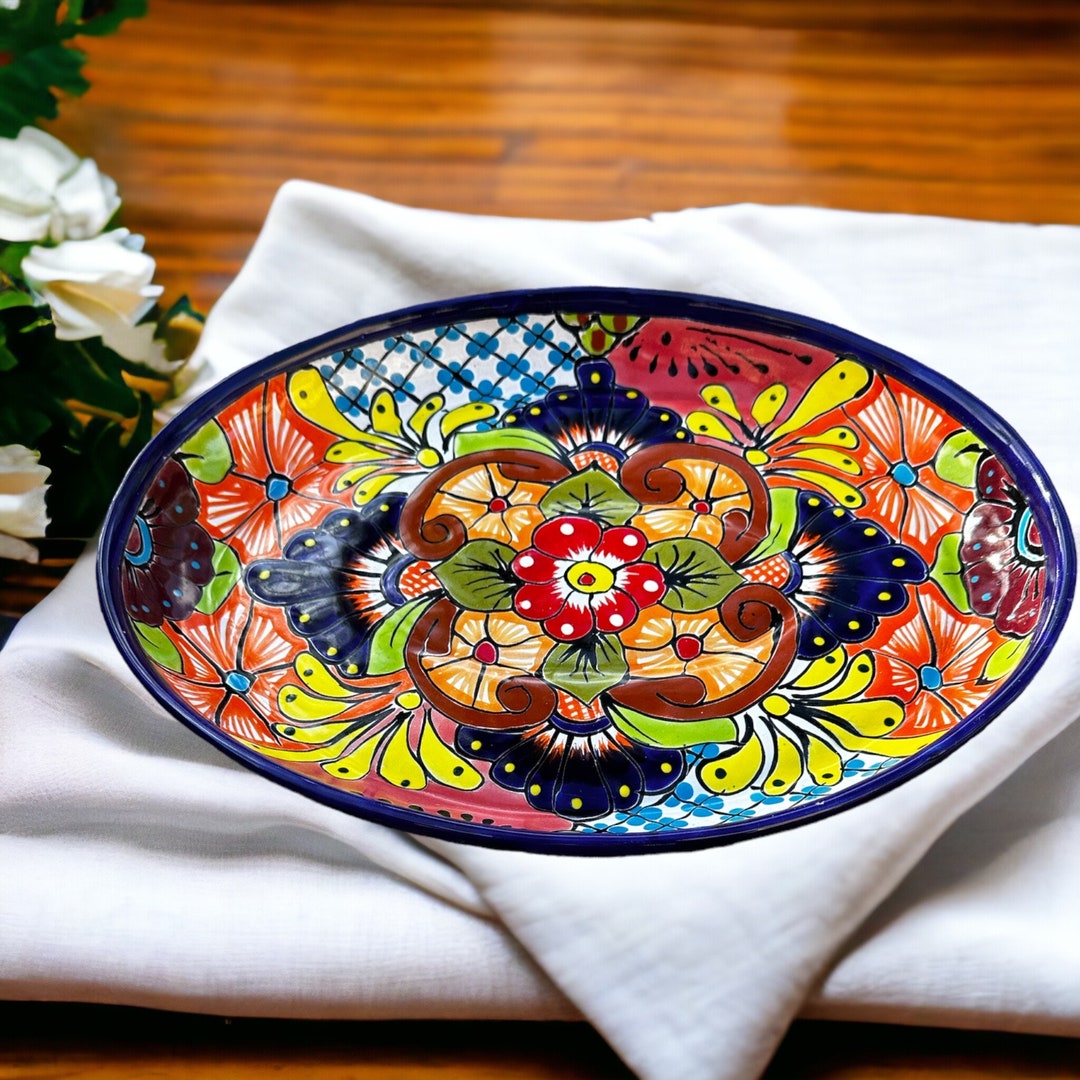 Handmade Large Oval Talavera Serving Platter Vibrant Mexican Floral Pottery 15x11.5 Authentic