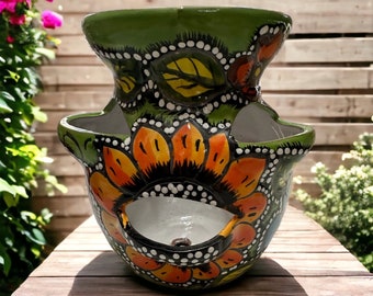 Sunflower Handmade Talavera Strawberry Planter - Mexican Pottery - Vibrant Garden Decor