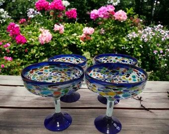 Hand blown Blue rim Mexican Margarita Glasses Pebble Confetti Margarita Mexican Glass 16 oz