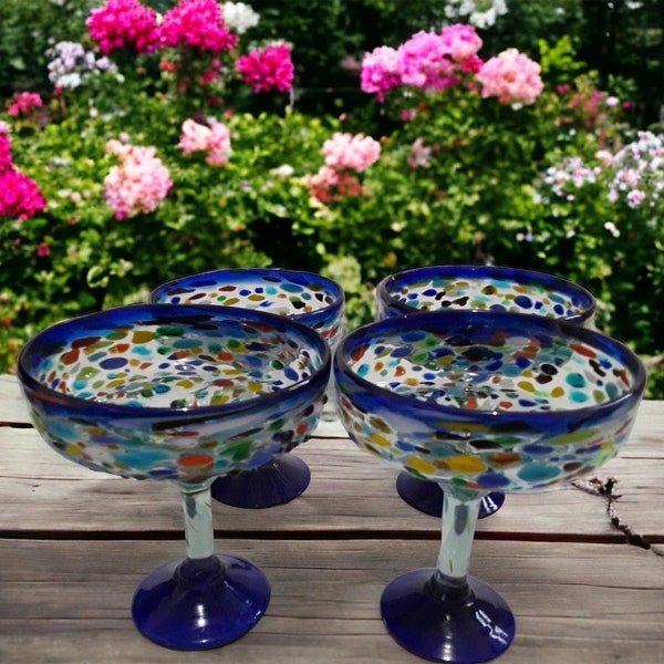 Hand blown Blue rim Mexican Margarita Glasses Pebble Confetti Margarita Mexican Glass 16 oz