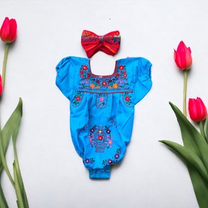 2 Piece Mexican Puebla Baby Romper with Head bow, Hand Embroidered Flowers made in Mexico image 3