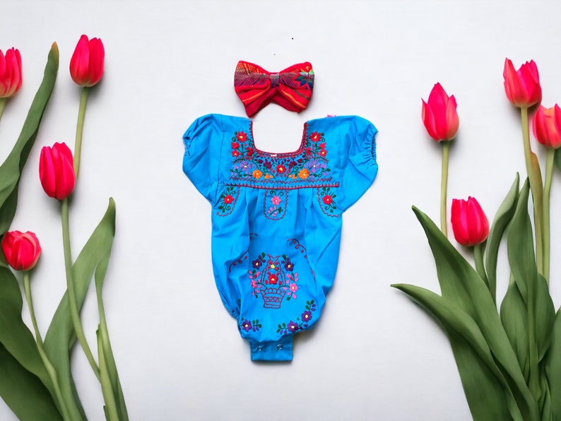 2 Piece Mexican Puebla Baby Romper with Head bow, Hand Embroidered Flowers made in Mexico image 3