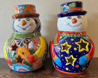 Handmade Talavera Snowman Candle Holder | Mexican Pottery Lantern 15"x10"