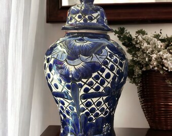 Handcrafted Blue & White Talavera Vase with Lid | Mexican Pottery Ginger Jar Urn