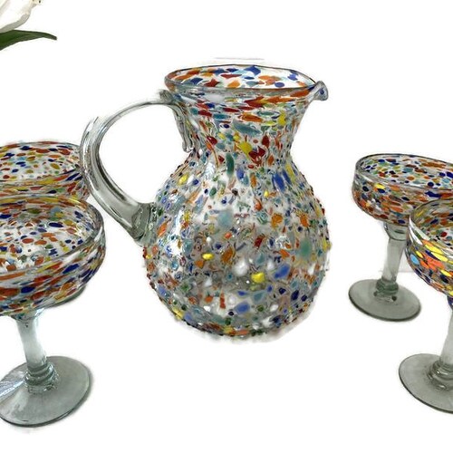 Pebbled Pitcher Mexican Margarita Glasses Hand Blown Confetti Etsy