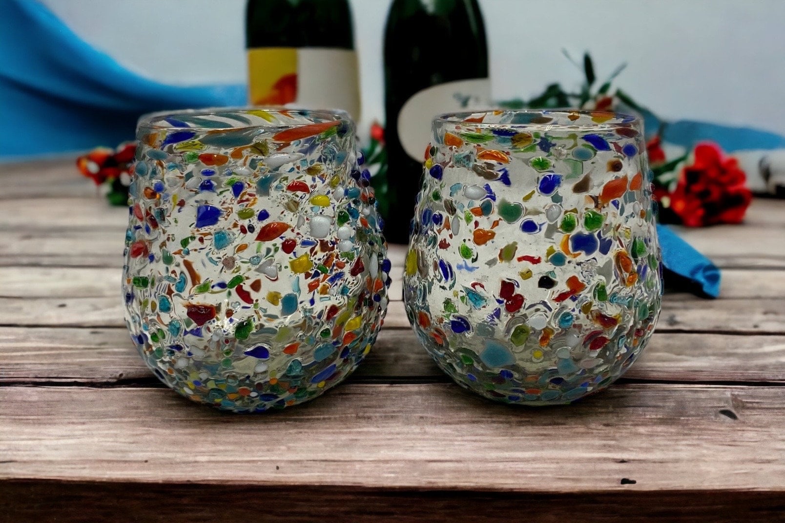 Handmade Tropical Confetti Glass Wine Glasses (Mexico) - Green