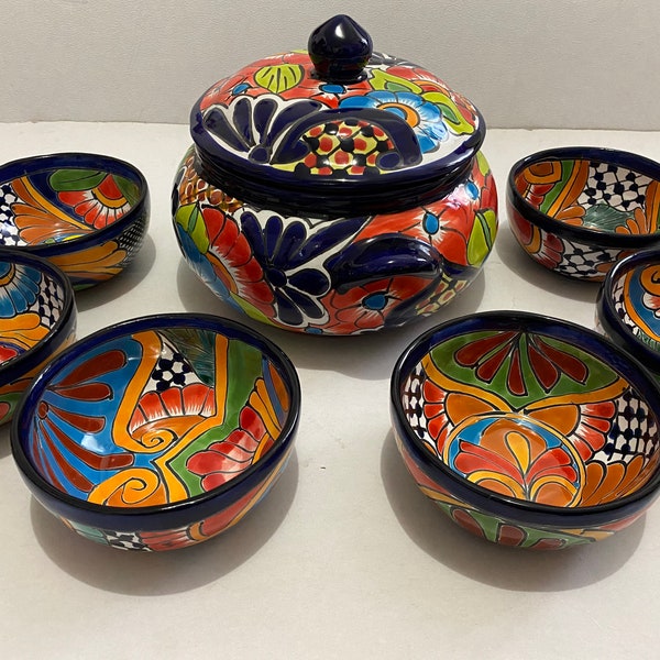 7 Piece Bean Pot Talavera Set Mexican Pottery | Handcrafted Folk Art from Mexico, Heat Safe, 6 Soup Bowls + 1 Large Serving Pot