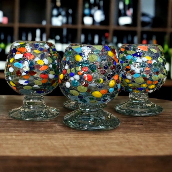 Set of 4 Unique Pebbled Texture Brandy Snifter Shot Glasses - Colorful Rainbow Accents, 2.5 oz Capacity