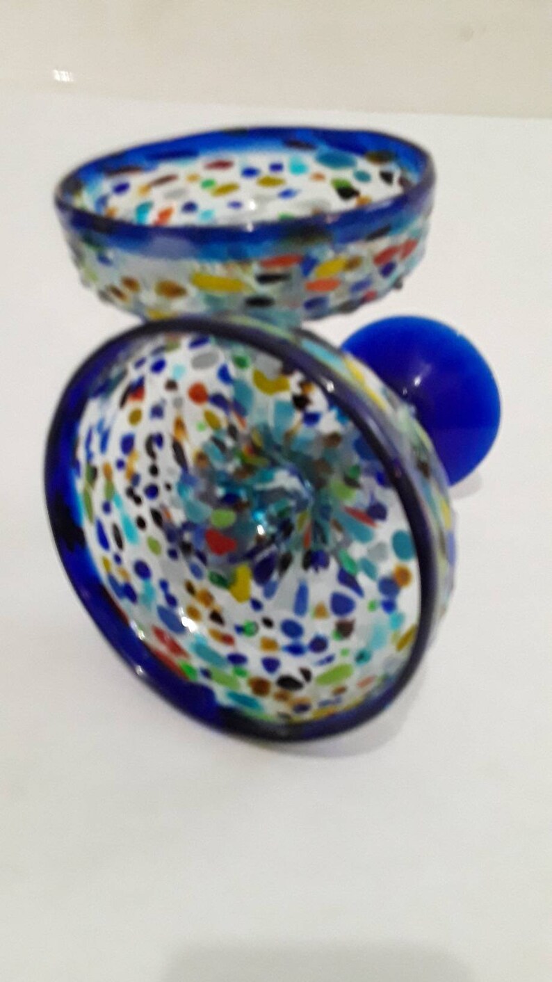 Hand Blown Blue Rim Mexican Margarita Glasses Pebble Confetti Etsy