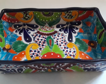 Gorgeous Talavera Pottery Casserole Baking Dish, Mexico Folk Art, Lead Free, Oven Safe dishwasher safe 12 x 8 " Great for Parties