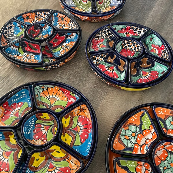 Talavera Appetizer Tray Folk Art Pottery 7Pc   Handcrafted in Mexico 12.5" Great Gift!!!