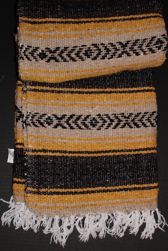 Mexican Falsa Blanket Pink Gray white striped //w Black Aztec lines white fringe