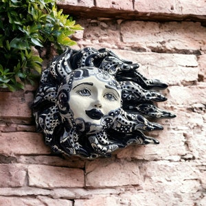 Blue & White Talavera Sun Face with Wind Blown Flames - Handmade Mexican Ceramic Wall Art