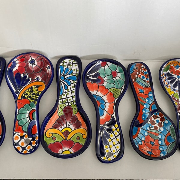 Talavera Spoon Rest Handcrafted & Painted Ceramic Folk Art from Mexico Vibrant Floral Patterns with Eyelet for Hanging, Great Gift Less Mess