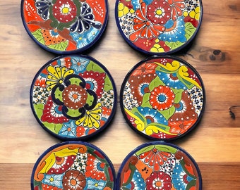 Manufacture Imperfection Sale Set of 4 Mexican Pottery Talavera Plates 10" , Lead Free Heat Safe Hand painted Ceramic Folk Art From Mexico