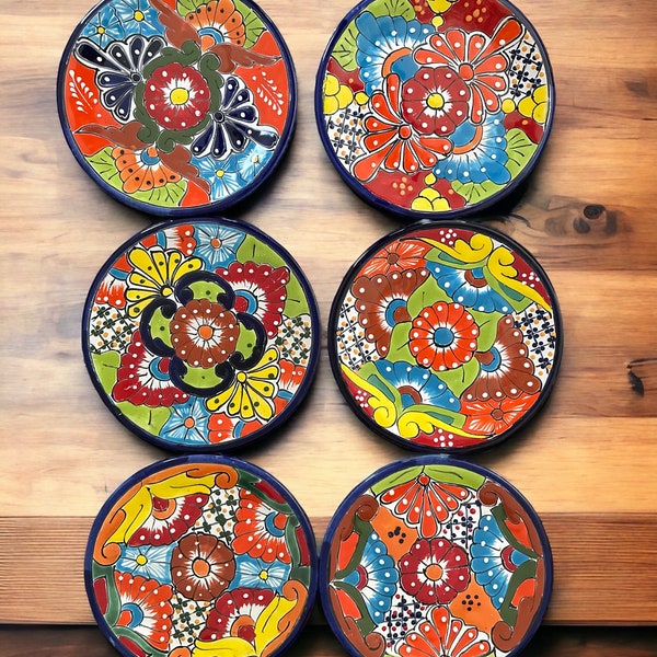 Manufacture Imperfection Sale Set of 4 Mexican Pottery Talavera Plates 10" , Lead Free Heat Safe Hand painted Ceramic Folk Art From Mexico