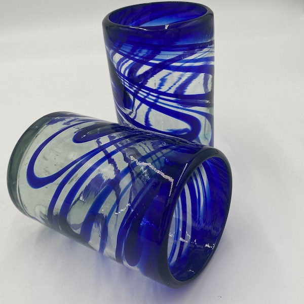 Hand blown Mexican Water glass, Juice Glass Tumbler, Blue Swirl Tumblers 5” x 3" Gorgeous Detail